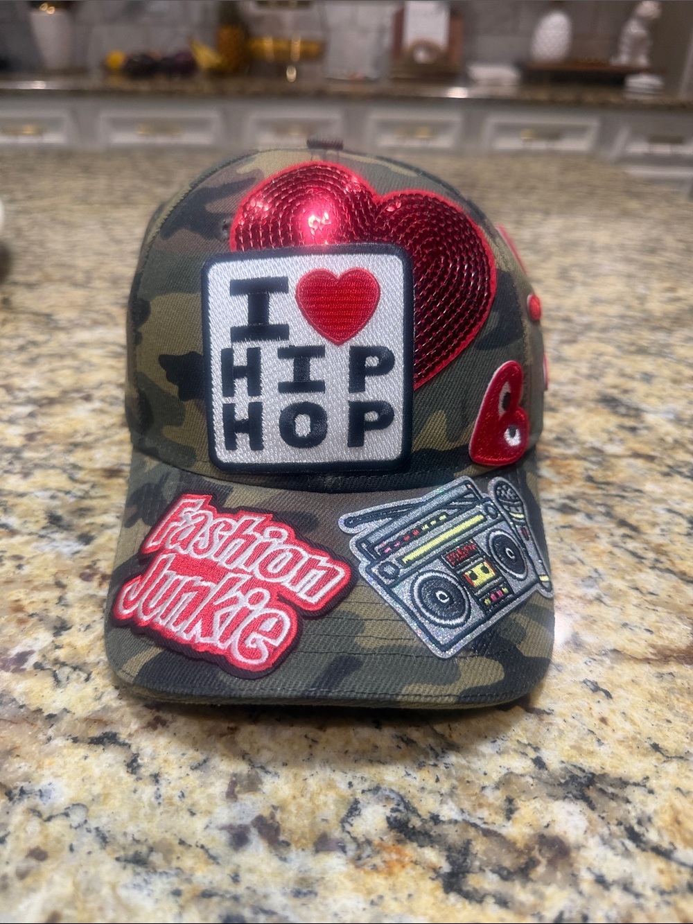 Camo Patch Snapback Hat with Red Heart & Hip Hop Patches